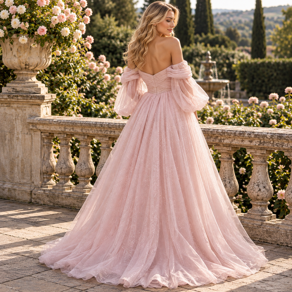 Dreamy Off Shoulder Glitter Tulle Puff Sleeve Slit Long Wedding Guest Dress,PDS118650