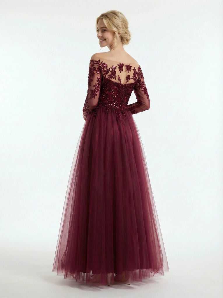 Elegant Off Shoulder Long Sleeves Lace Appliques A-Line Long Prom Party Dress,PDS11783