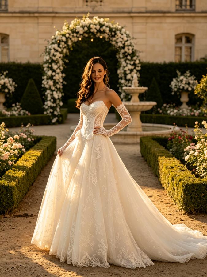 Luxury Lace V-Neck Ruffles Strapless A-Line Floor Length Wedding Dresses, WD0391