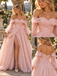 Dreamy Off Shoulder Glitter Tulle Puff Sleeve Slit Long Wedding Guest Dress,PDS118650