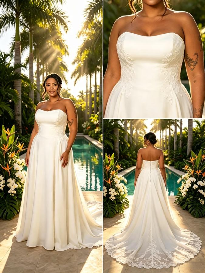 Elegant Strapless Side Slit Sleeveless Satin A-Line Floor Length Wedding Dresses, WD0372