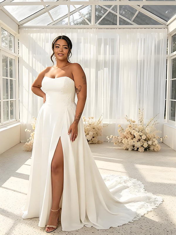 Elegant Strapless Side Slit Sleeveless Satin A-Line Floor Length Wedding Dresses, WD0372
