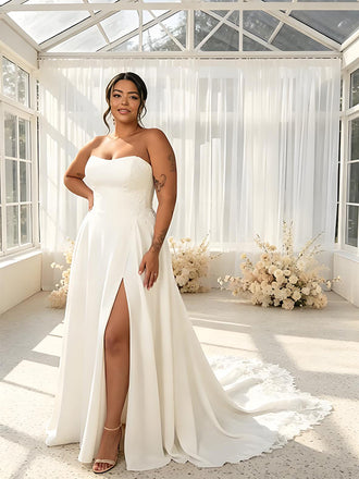 Elegant Strapless Side Slit Sleeveless Satin A-Line Floor Length Wedding Dresses, WD0372