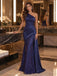 Stunning Navy Satin Lace Sequin One Shoulder Ruched Mermaid Evening Gown,PDS118821
