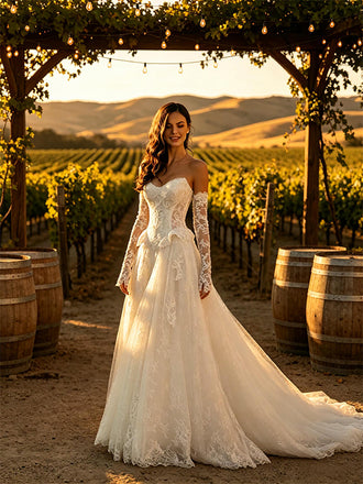 Luxury Lace V-Neck Ruffles Strapless A-Line Floor Length Wedding Dresses, WD0391