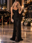 Black Beaded Sequin Mesh Halter Plunge Mermaid Prom Dress with Side Slit,PDS118550