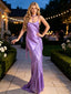 Purple V-Neck Fringed Sleeveless Mermaid Satin Long Prom Party Dress,PDS118531
