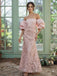 Romantic Dusty Pink Tulle Lace Off Shoulder Puff Sleeve Mermaid Formal Dress,PDS118742