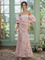Romantic Dusty Pink Tulle Lace Off Shoulder Puff Sleeve Mermaid Formal Dress,PDS118742