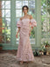 Romantic Dusty Pink Tulle Lace Off Shoulder Puff Sleeve Mermaid Formal Dress,PDS118742