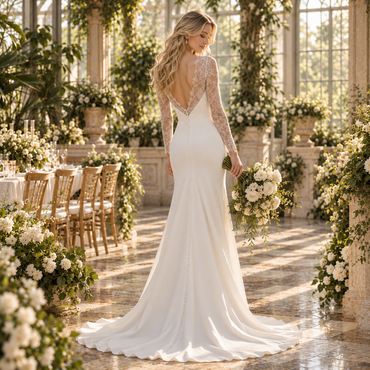 Chic High Neck Long Lace Sleeves Mermaid Satin Wedding Gown, WD0410
