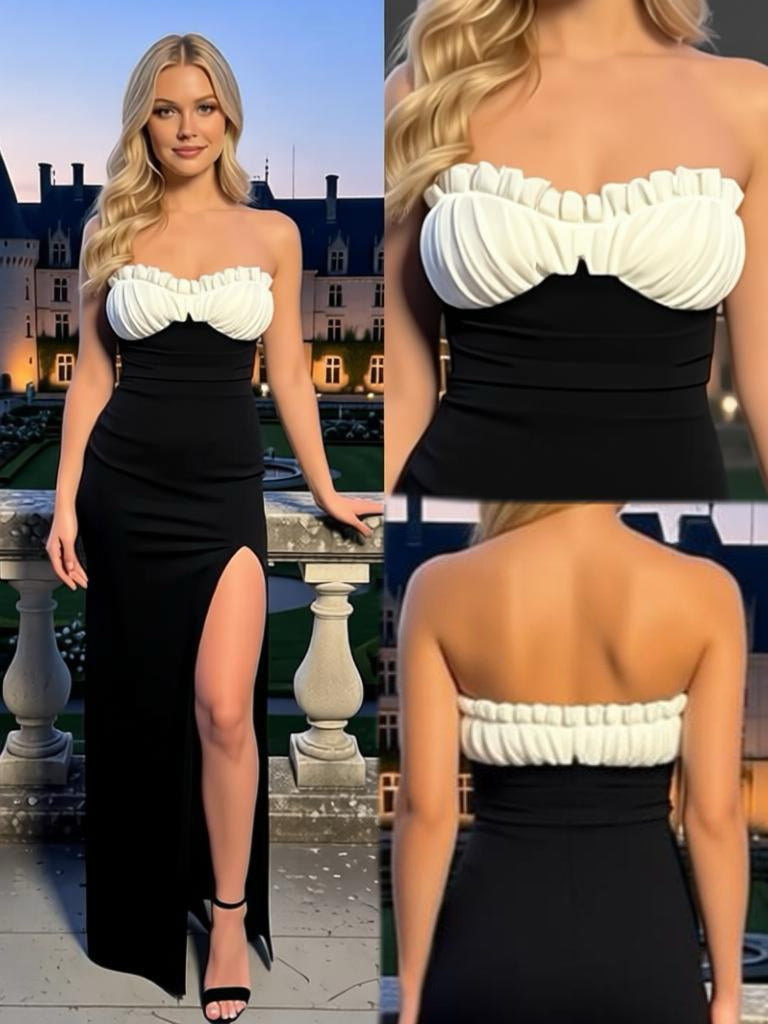 White and Black Sweetheart Ruched Satin Side Slit Mermaid Long Prom Party Dress,PDS11837