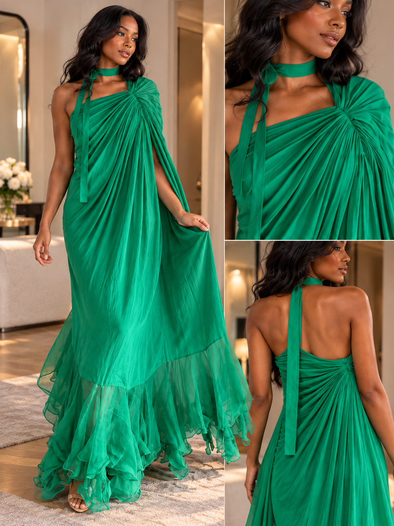 Elegant Halter Chiffon Draped Ruffle Long Evening Gown,PDS118651