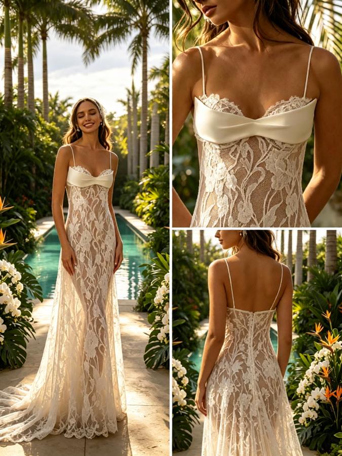 Sexy Lace Spaghetti Straps V-Neck Mermaid Floor Length Wedding Dresses, WD0376