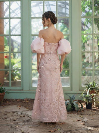Romantic Dusty Pink Tulle Lace Off Shoulder Puff Sleeve Mermaid Formal Dress,PDS118742