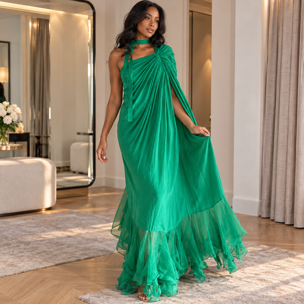 Elegant Halter Chiffon Draped Ruffle Long Evening Gown,PDS118651