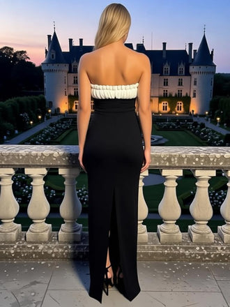 White and Black Sweetheart Ruched Satin Side Slit Mermaid Long Prom Party Dress,PDS11837