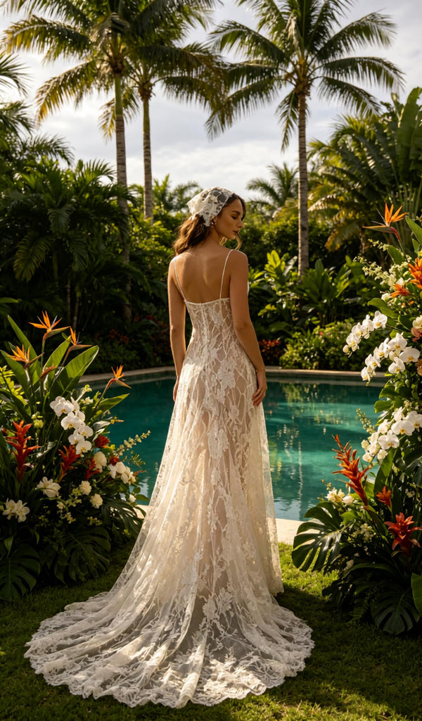 Sexy Lace Spaghetti Straps V-Neck Mermaid Floor Length Wedding Dresses, WD0376