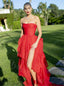 Red Sexy Strapless Sleeveless A-line Side slit Long Floor Length Prom Dress,PDS1145