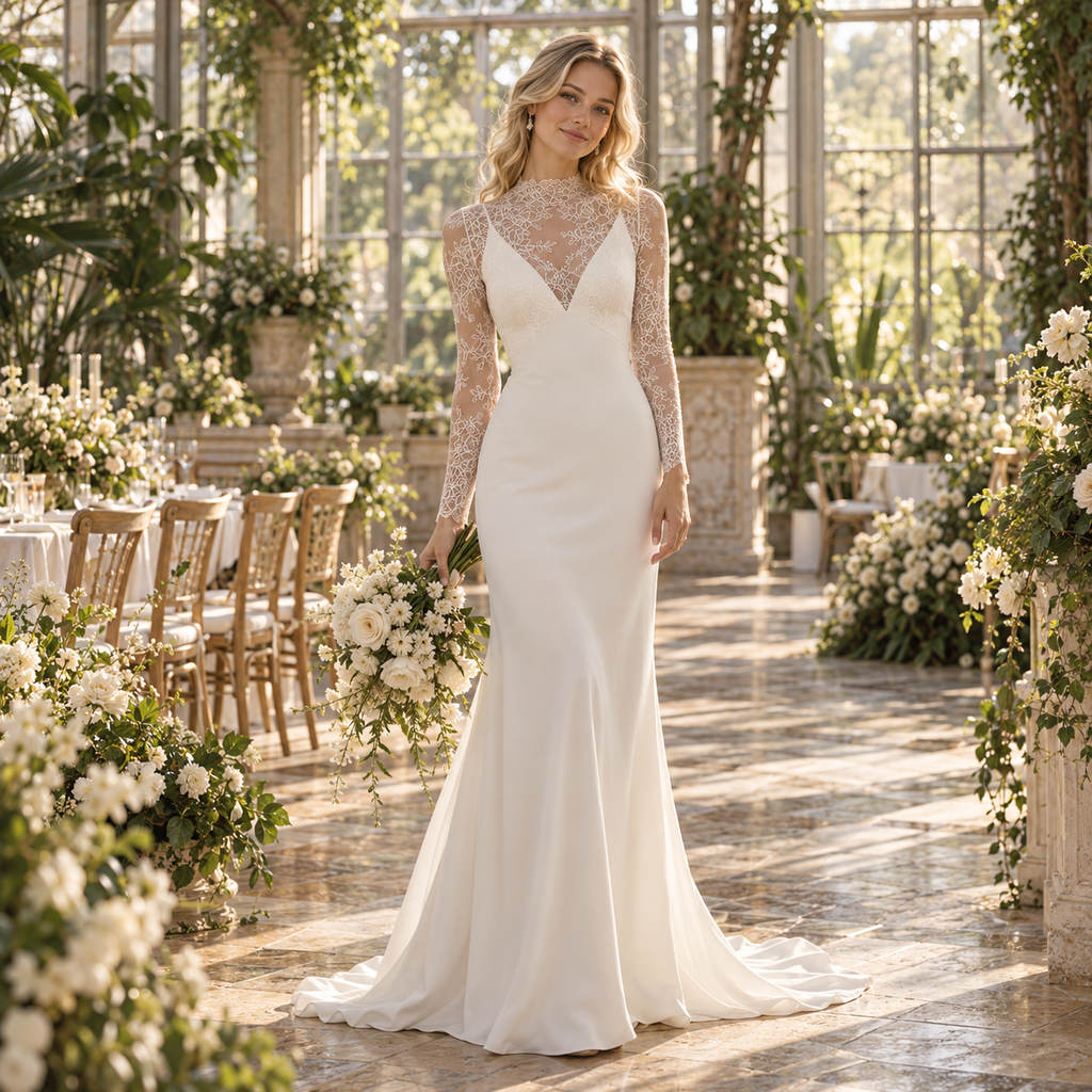 Chic High Neck Long Lace Sleeves Mermaid Satin Wedding Gown, WD0410