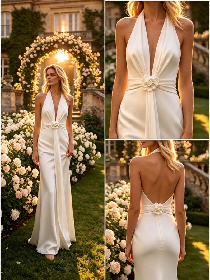 Elegant Halter Sleeveless Satin Mermaid Floor Length Wedding Dresses, WD0392