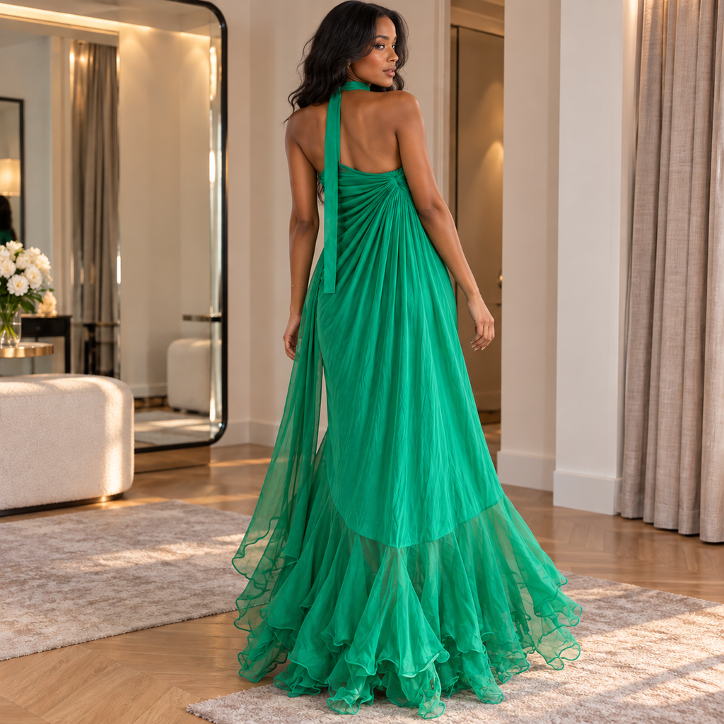 Elegant Halter Chiffon Draped Ruffle Long Evening Gown,PDS118651