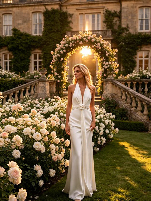 Elegant Halter Sleeveless Satin Mermaid Floor Length Wedding Dresses, WD0392