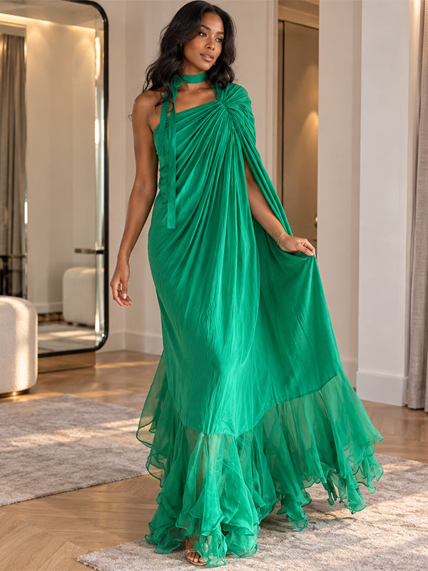 Elegant Halter Chiffon Draped Ruffle Long Evening Gown,PDS118651