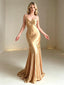 Gold Spaghetti Straps V-Neck Pleats Mermaid Satin Long Prom Party Dress,PDS118532