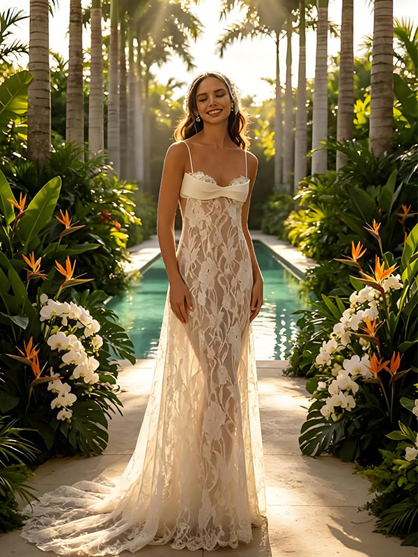 Sexy Lace Spaghetti Straps V-Neck Mermaid Floor Length Wedding Dresses, WD0376