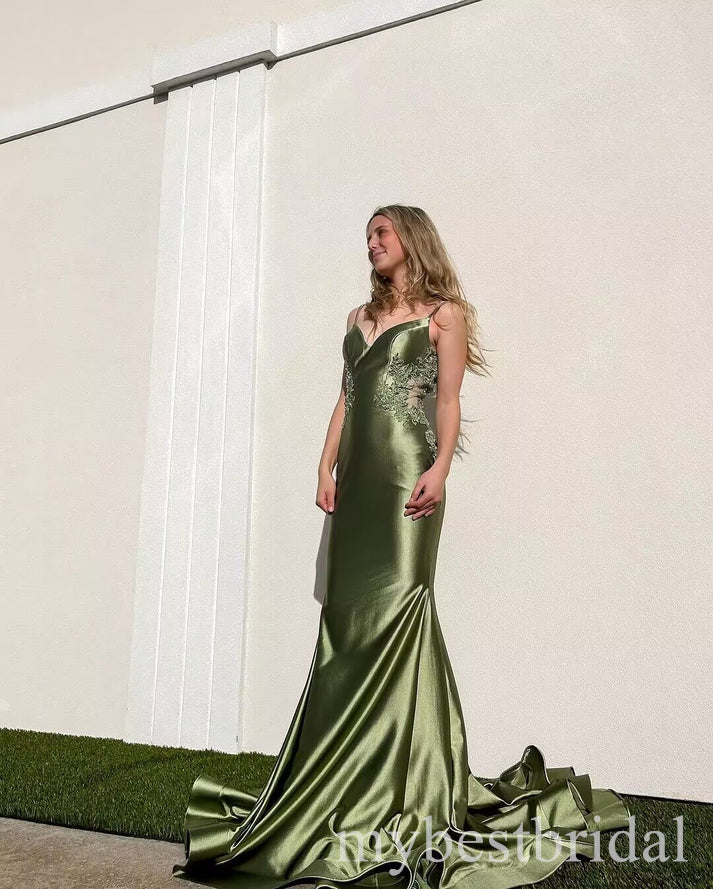 Dusty Sage V-neck Sleeveless Mermaid Floor Length Prom Dress,PDS11635