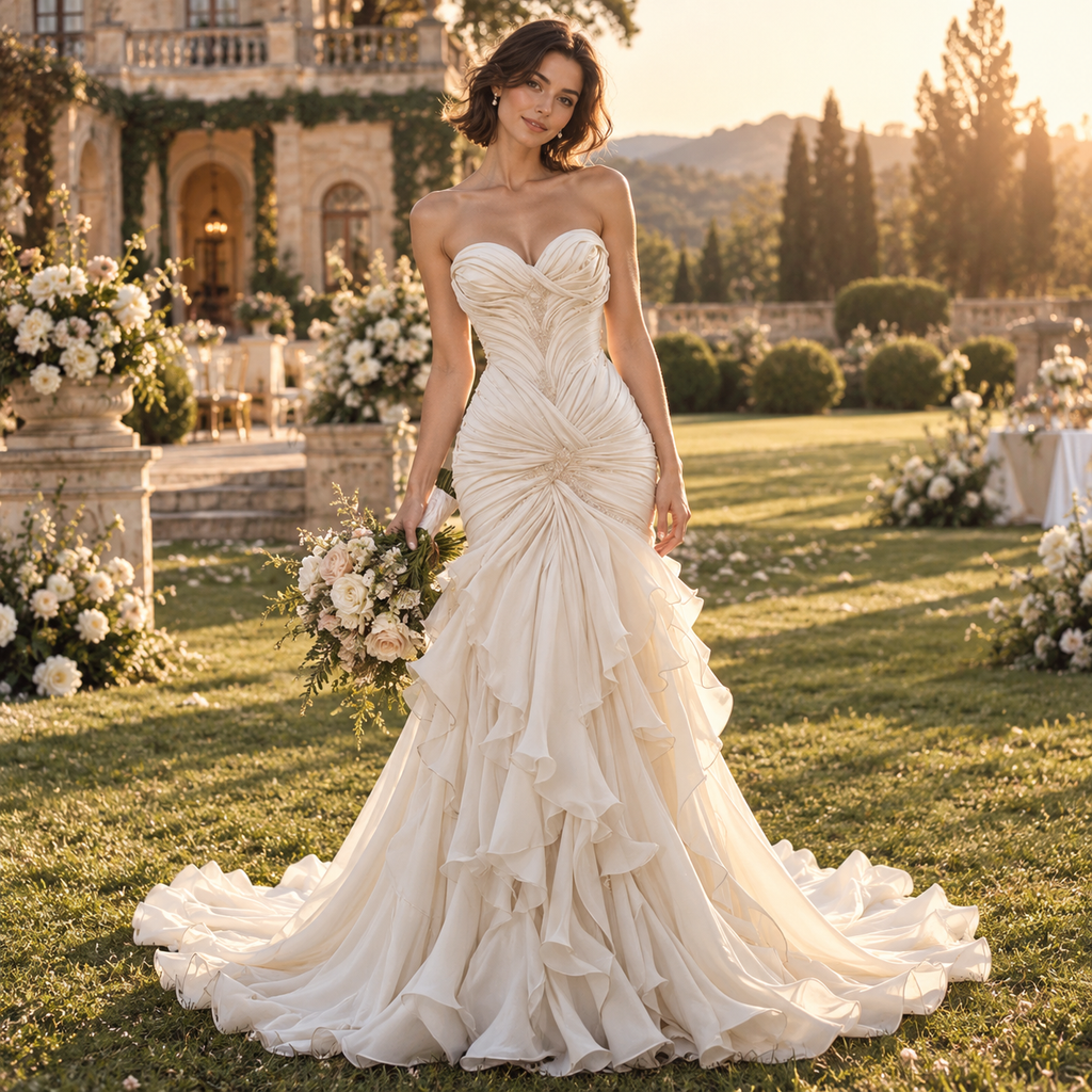 Luxurious Sweetheart Ruched Ruffled Chiffon Mermaid Wedding Dress, WD0411