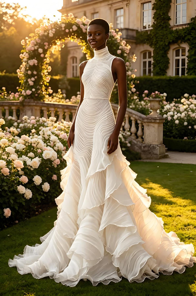 Luxury Ruffles Halter Pleats Sleeveless Mermaid Floor Length Wedding Dresses, WD0377