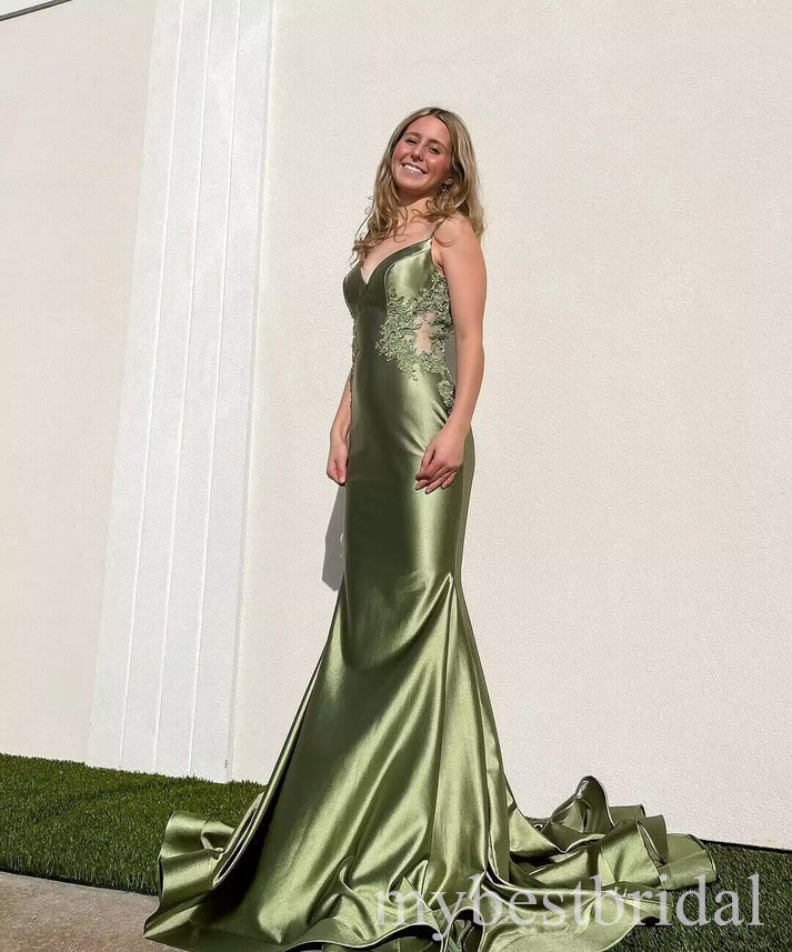 Dusty Sage V-neck Sleeveless Mermaid Floor Length Prom Dress,PDS11635