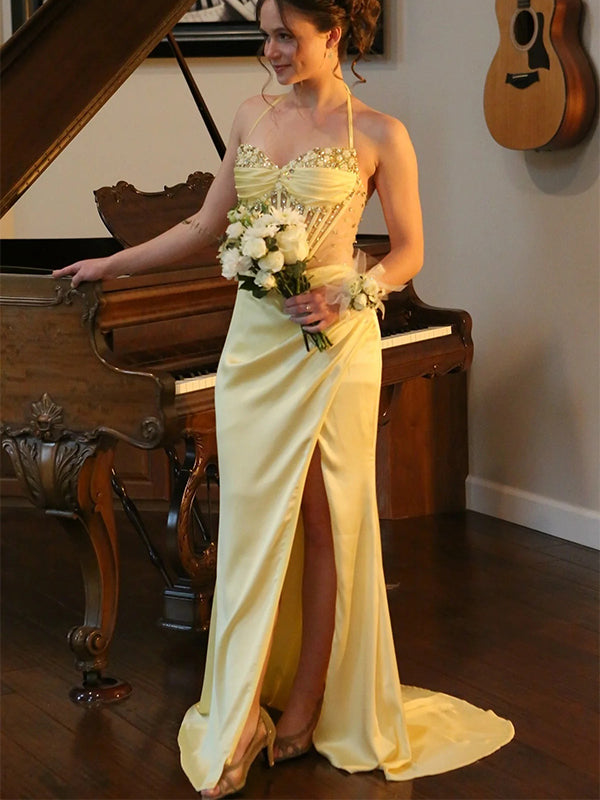 Sexy Yellow Halter V-Neck Side Slit Mermaid Long Prom Party Dress,PDS11790