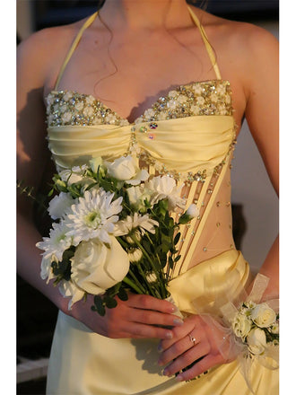 Sexy Yellow Halter V-Neck Side Slit Mermaid Long Prom Party Dress,PDS11790