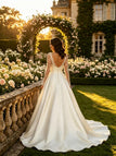 Elegant V-Neck Lace Sleeves Satin A-Line Floor Length Wedding Dresses, WD0393