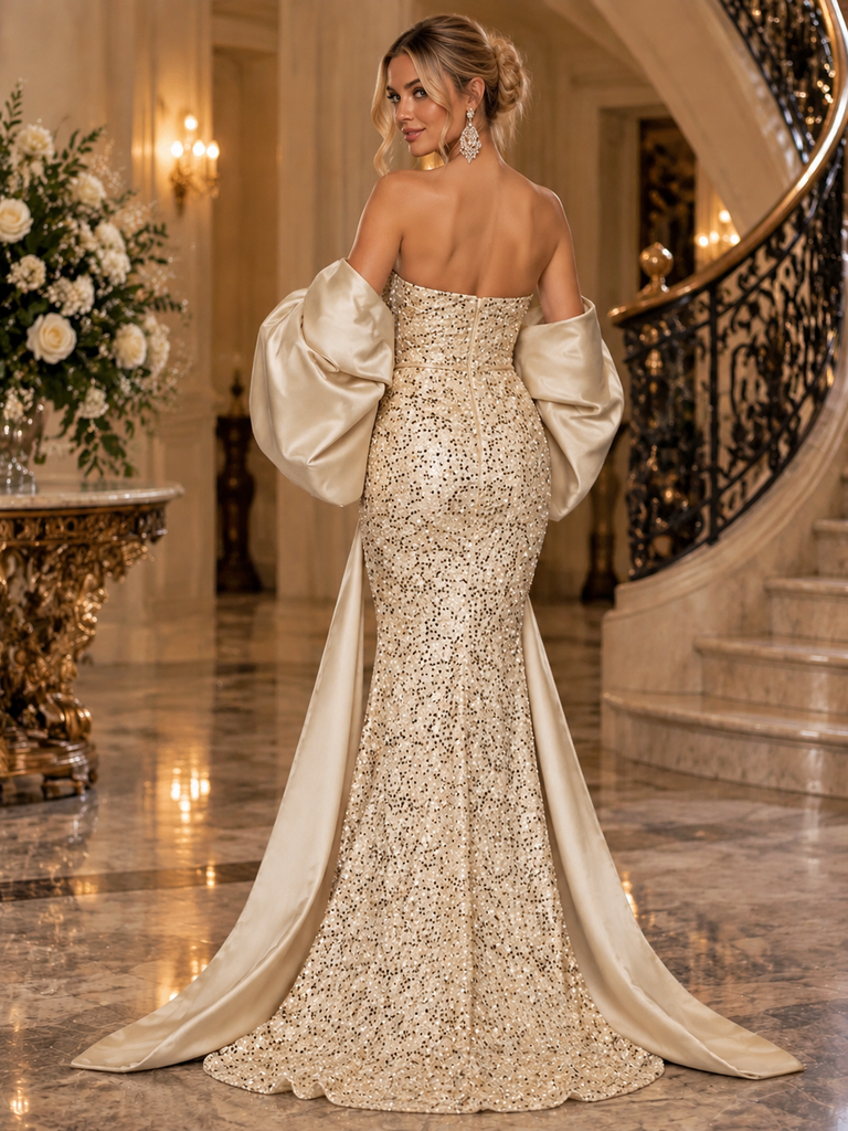 Luxurious Champagne Strapless Beaded Sequin Slit Mermaid Formal Dress,PDS118793