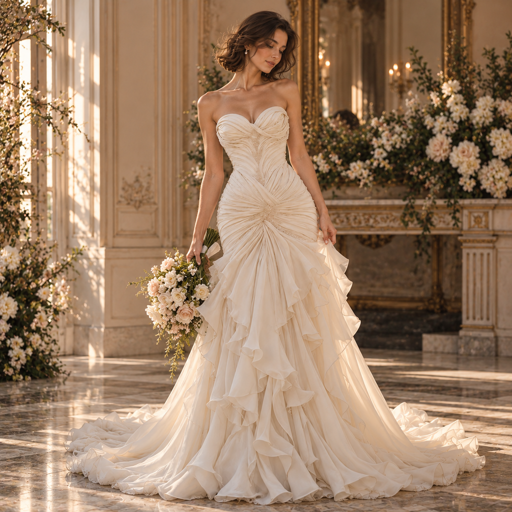 Luxurious Sweetheart Ruched Ruffled Chiffon Mermaid Wedding Dress, WD0411