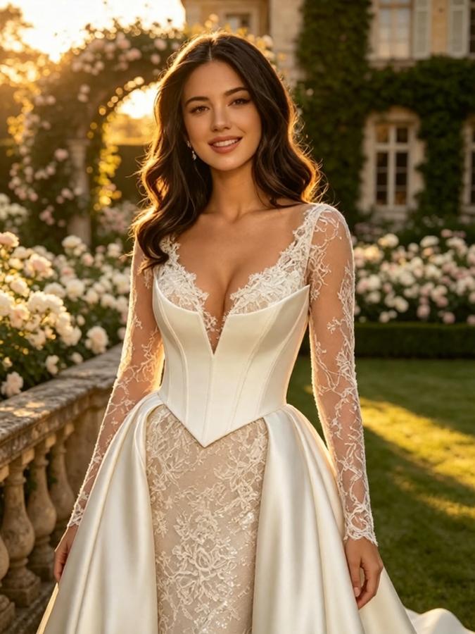 Elegant V-Neck Lace Sleeves Satin A-Line Floor Length Wedding Dresses, WD0393