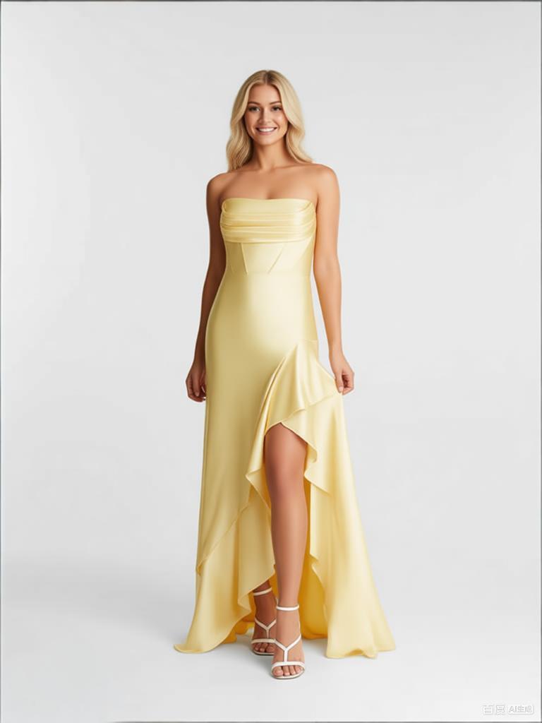 Yellow Ruffles Sleeveless Ruched Side Slit Mermaid Long Prom Party Dress,PDS11839