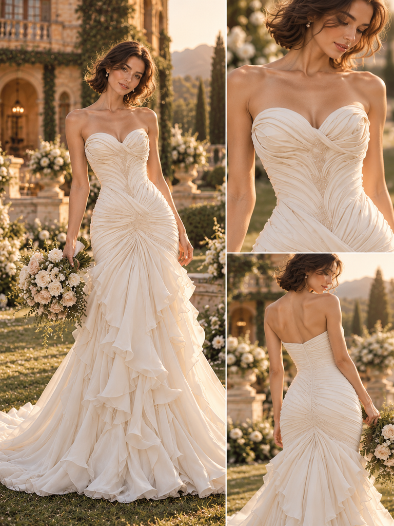 Luxurious Sweetheart Ruched Ruffled Chiffon Mermaid Wedding Dress, WD0411