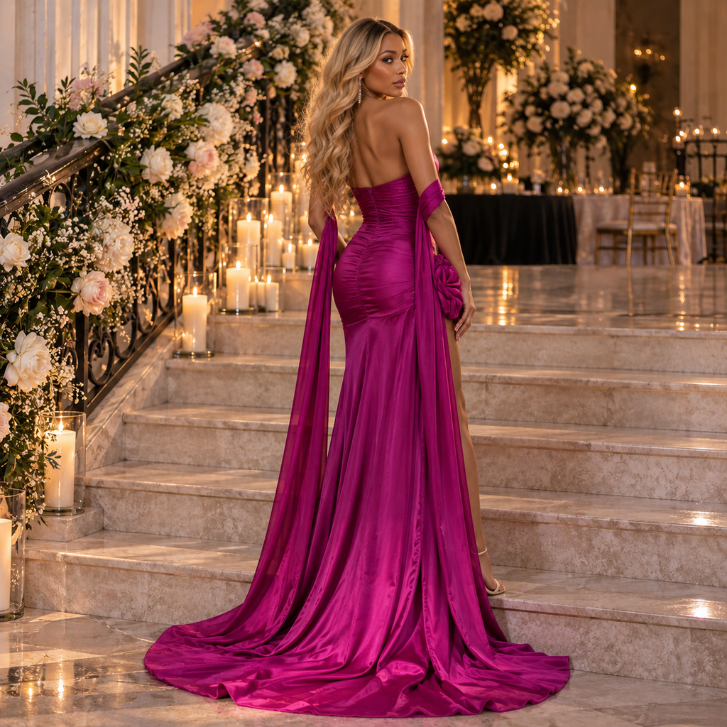 Glam Strapless Organza 3D Floral Slit Long Formal Prom Dress,PDS118652