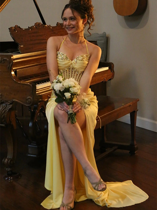 Sexy Yellow Halter V-Neck Side Slit Mermaid Long Prom Party Dress,PDS11790