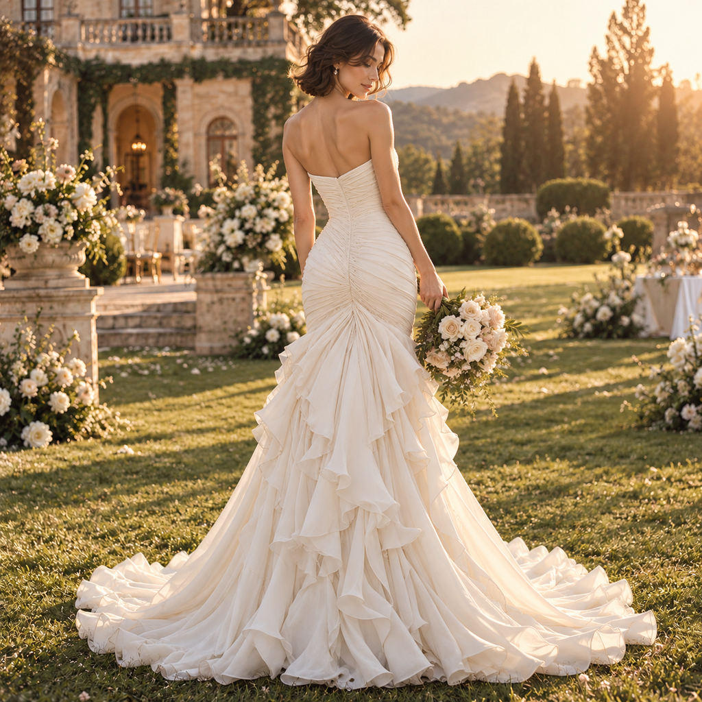 Luxurious Sweetheart Ruched Ruffled Chiffon Mermaid Wedding Dress, WD0411