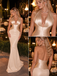 Champagne Luxe Satin Halter Plunge Neck Mermaid Formal Evening Gown,PDS118552