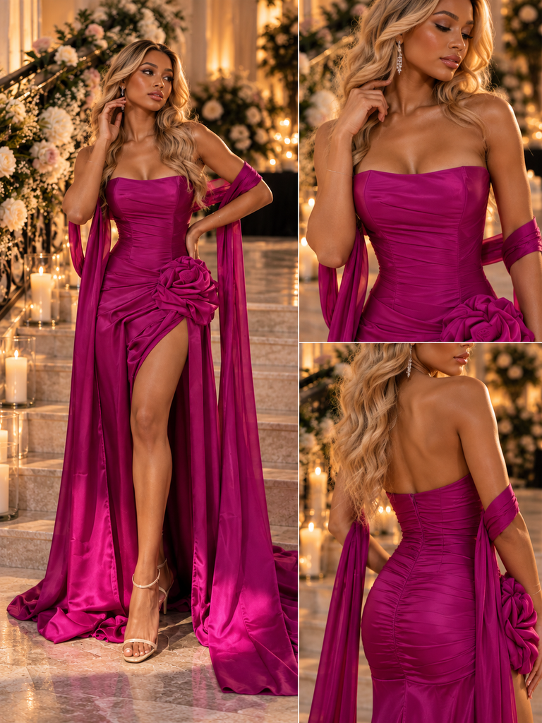 Glam Strapless Organza 3D Floral Slit Long Formal Prom Dress,PDS118652