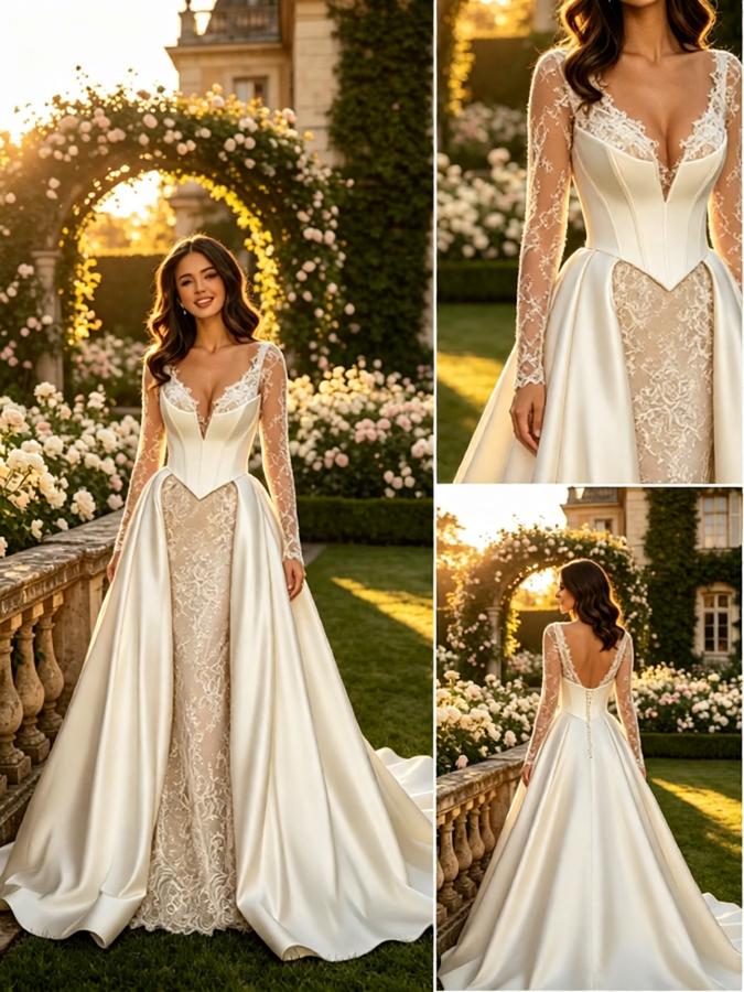 Elegant V-Neck Lace Sleeves Satin A-Line Floor Length Wedding Dresses, WD0393