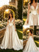 Elegant V-Neck Lace Sleeves Satin A-Line Floor Length Wedding Dresses, WD0393