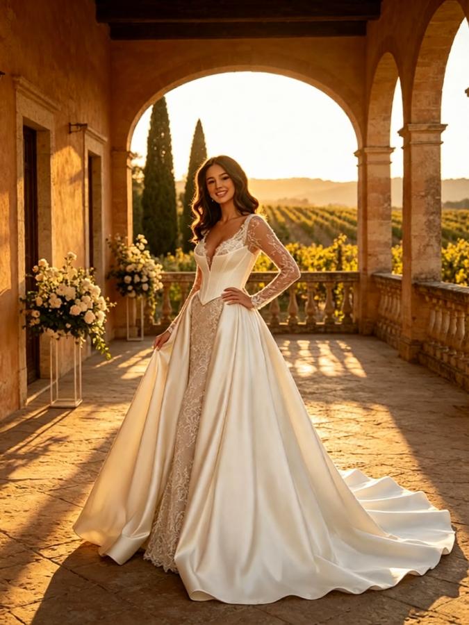 Elegant V-Neck Lace Sleeves Satin A-Line Floor Length Wedding Dresses, WD0393